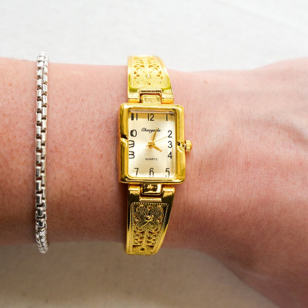 y2k gold rectangle stainless steel vintage quartz watch